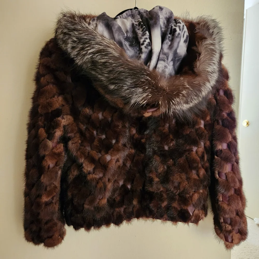 NWT Genuine Mink Fur Real Fox Fur Leather Coat  Only One Available - Picture 3 of 15